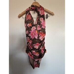 Women's Halter One-Piece Swimsuit Built-In Bra Floral Pink/Black Ruched 12